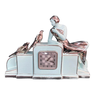 Art Deco, women's and bird earthenware clock signed Odyv circa 1930