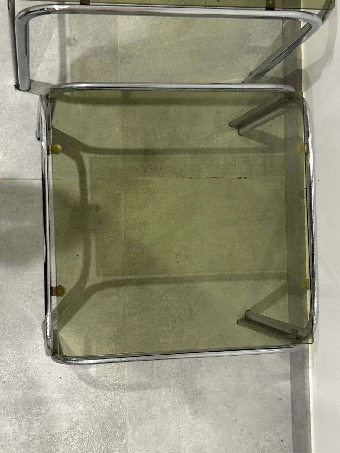 Nest of tables in chrome and smoked glass, set of 2.