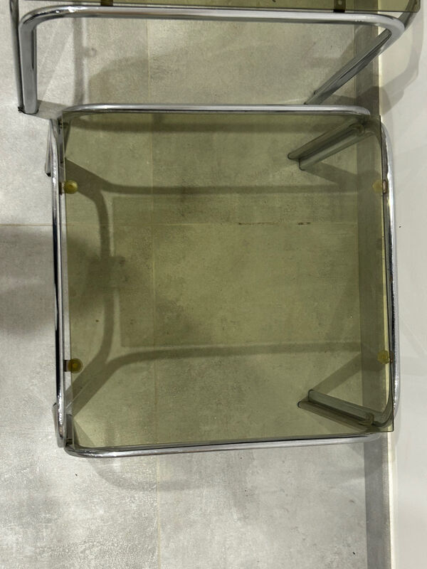 Table gigogne chrome et verre fumé lot de 2