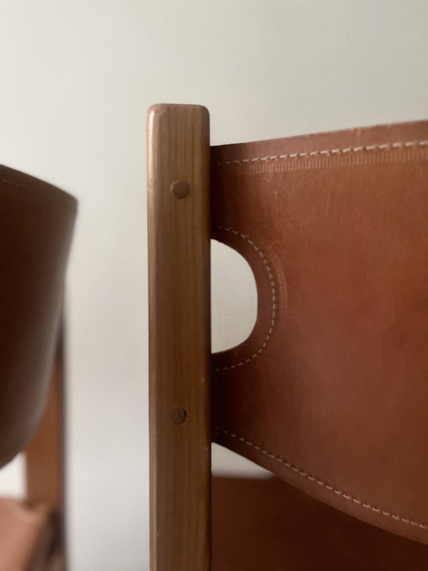 elm wood and camel leather chair Maison Regain, French design 1960