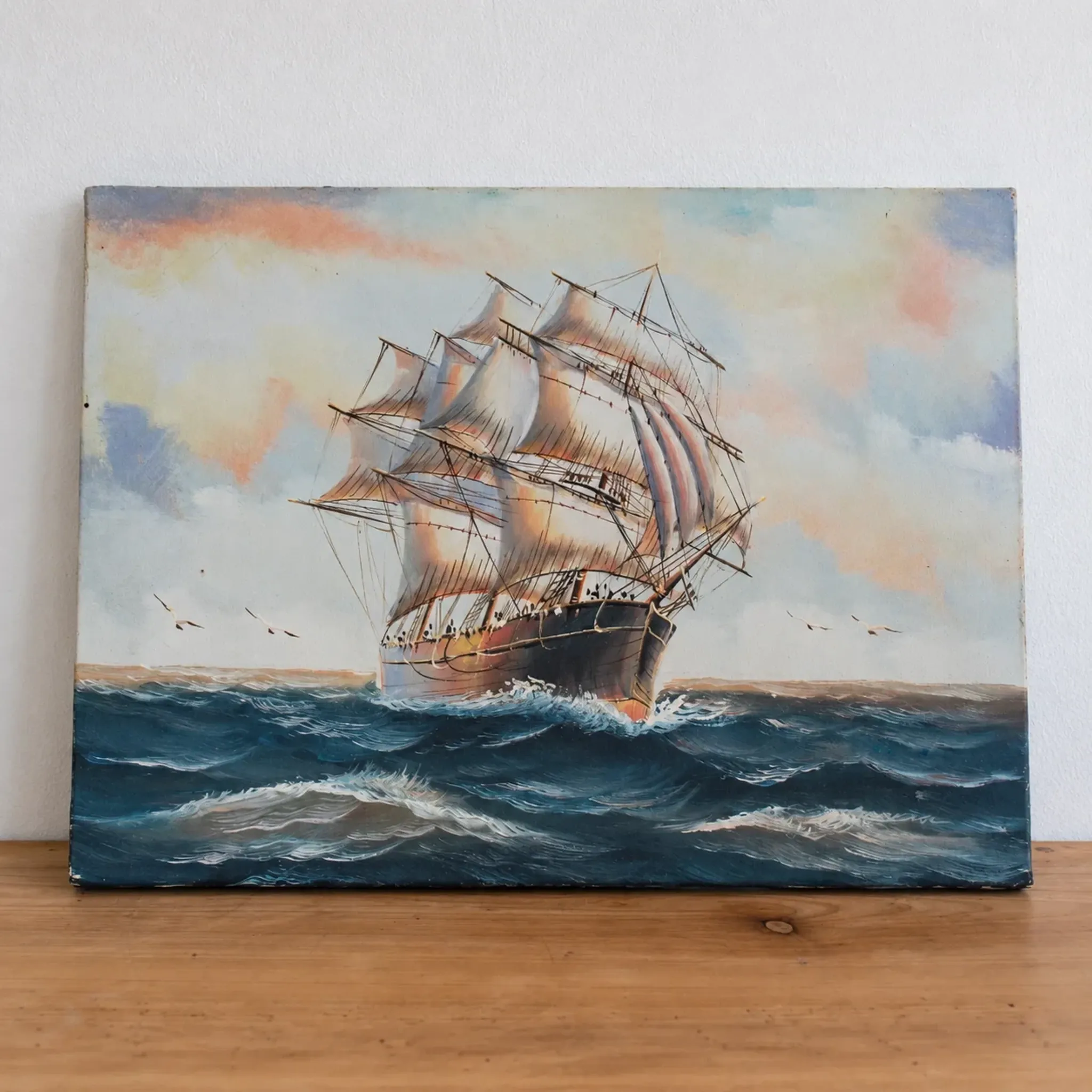 Marine painting on canvas – Large sailing ship at sea – 40 × 30 cm