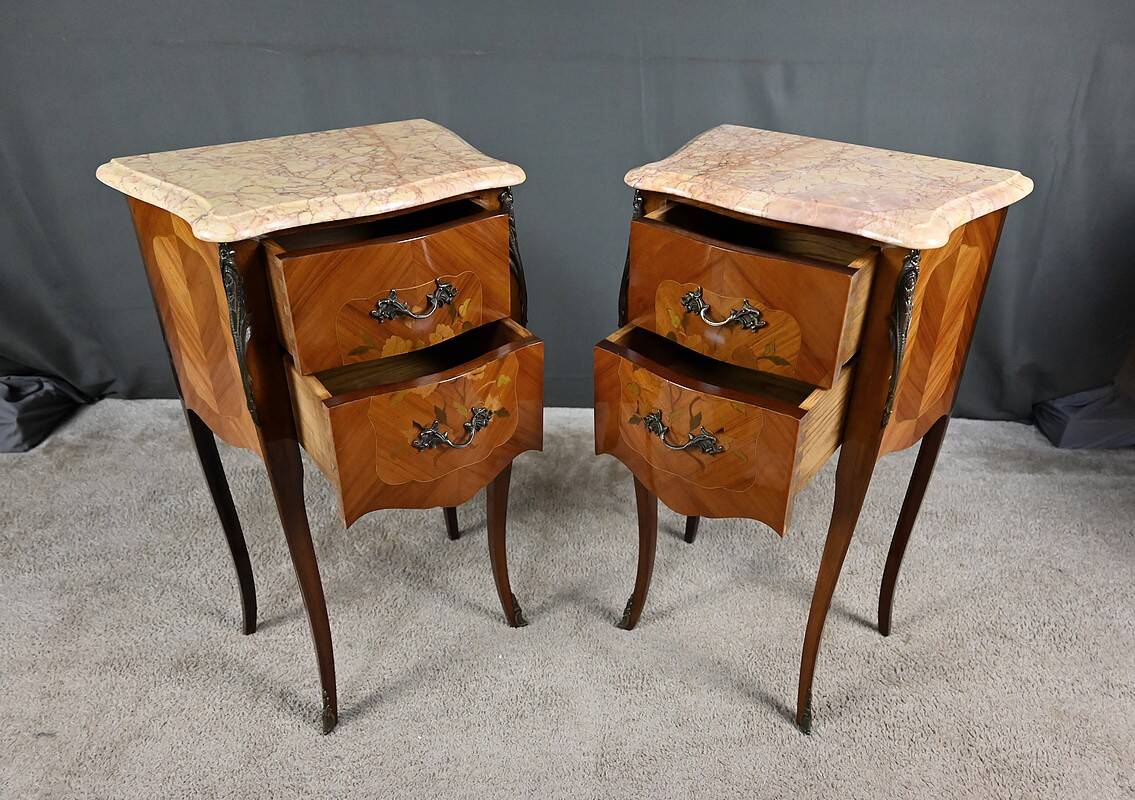 Pair of bedside tables in rosewood marquetry, Louis XV style – 2nd half of the 20th century