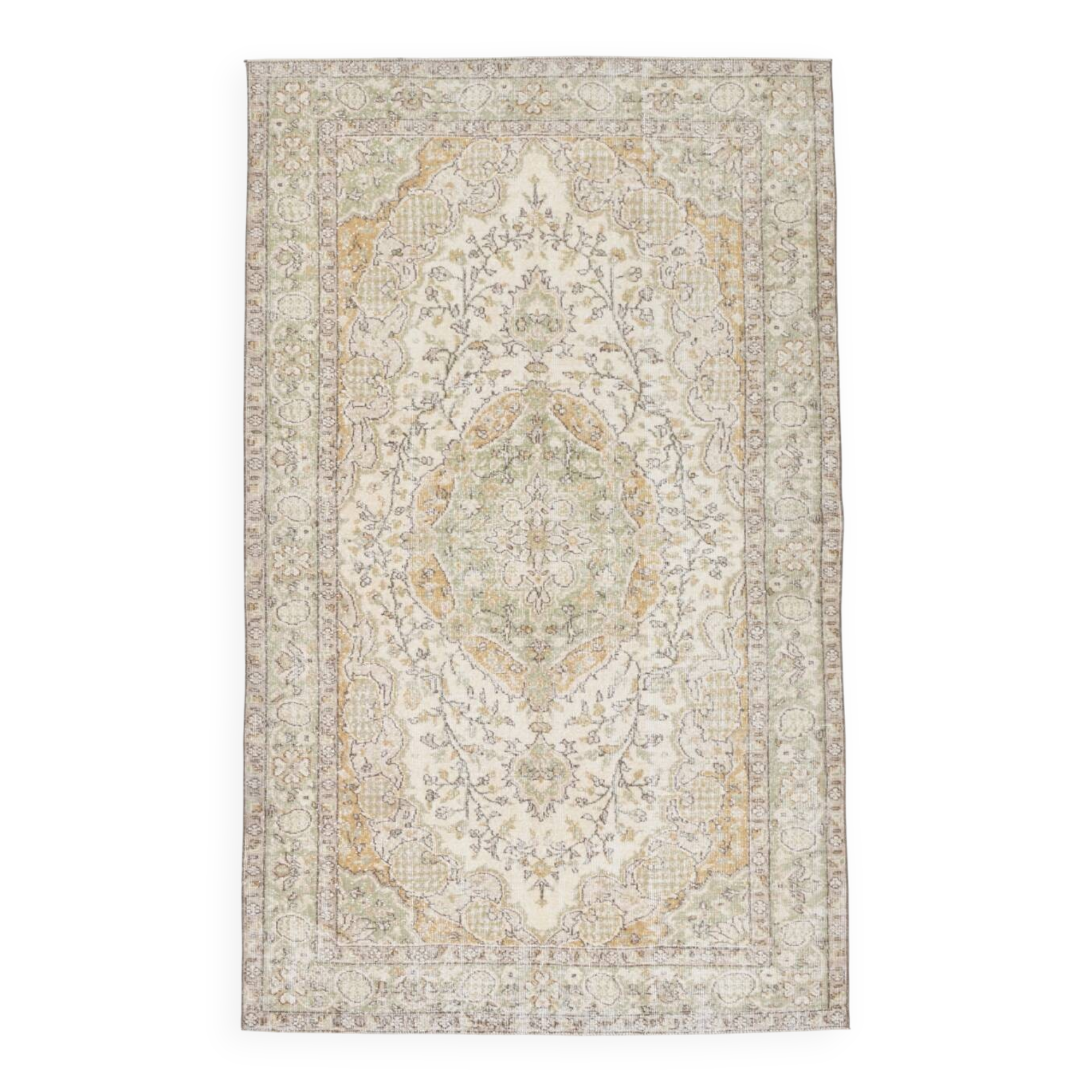 5x9 Light Green & Beige Madallion Corners Vintage Rug, 166x268Cm