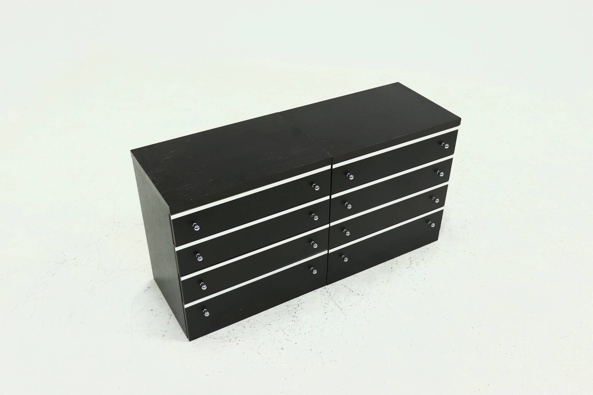 Pair Chest of Drawers in Ebonized Wood with Aluminium Accents 1980s