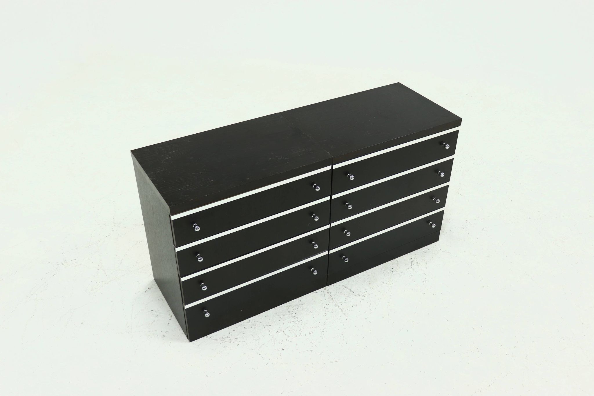 Pair Chest of Drawers in Ebonized Wood with Aluminium Accents 1980s