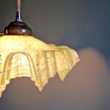 Art Deco pendant light in speckled green and white pleated glass, 1920s-30s.