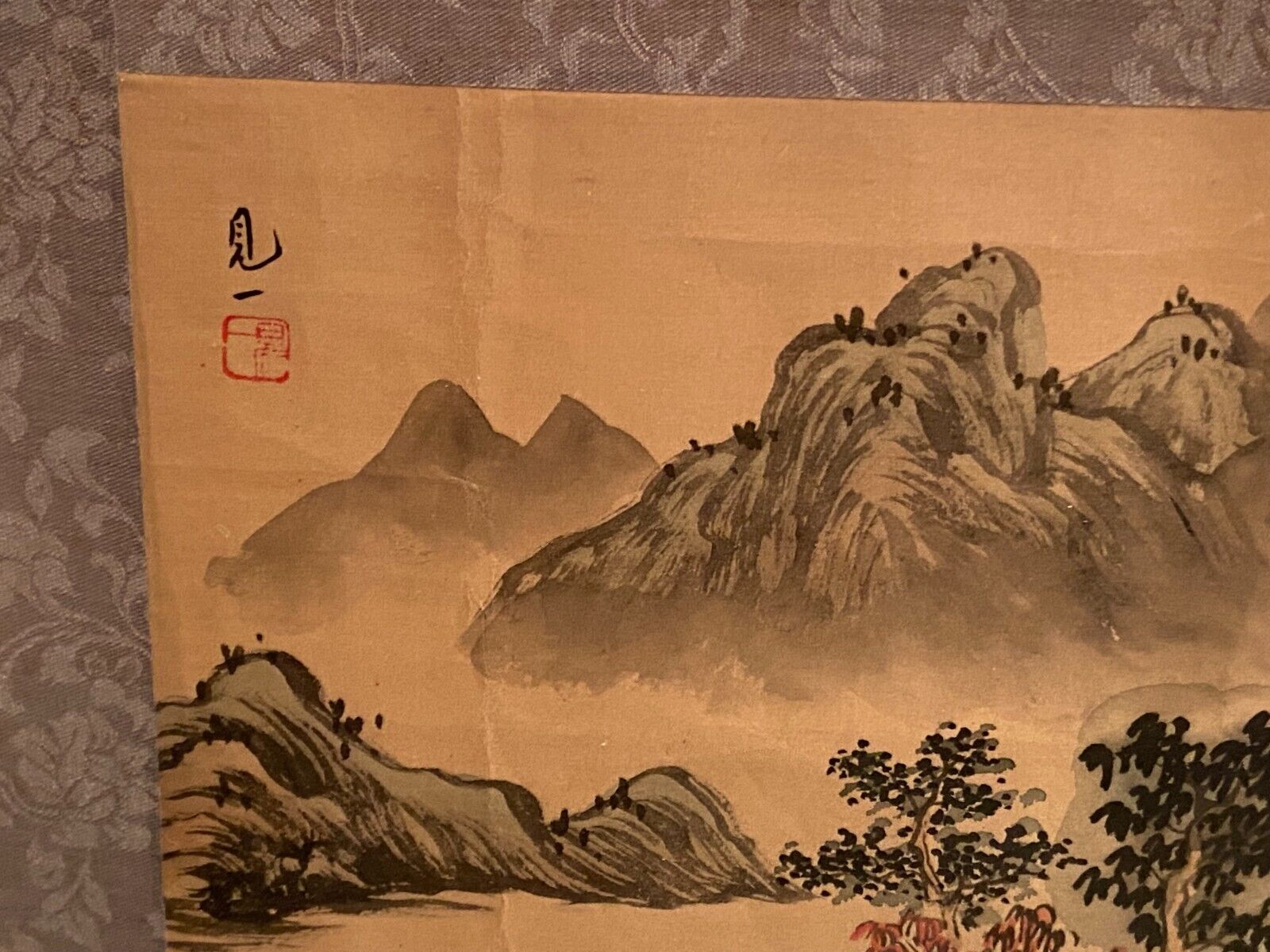 India ink drawing with red markings depicting a mountain landscape