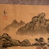 India ink drawing with red markings depicting a mountain landscape