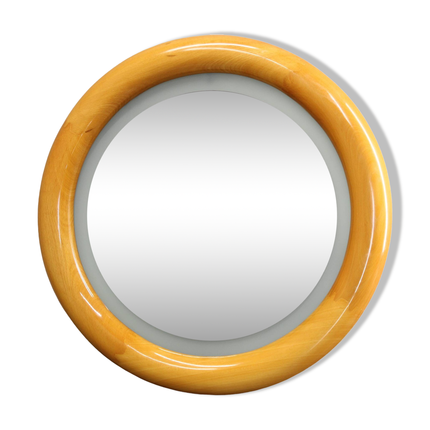 1970s Italian Round Mirror in Wooden Frame with Light
