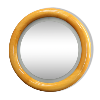 Miroir rond italien des années 1970 avec cadre en bois et éclairage