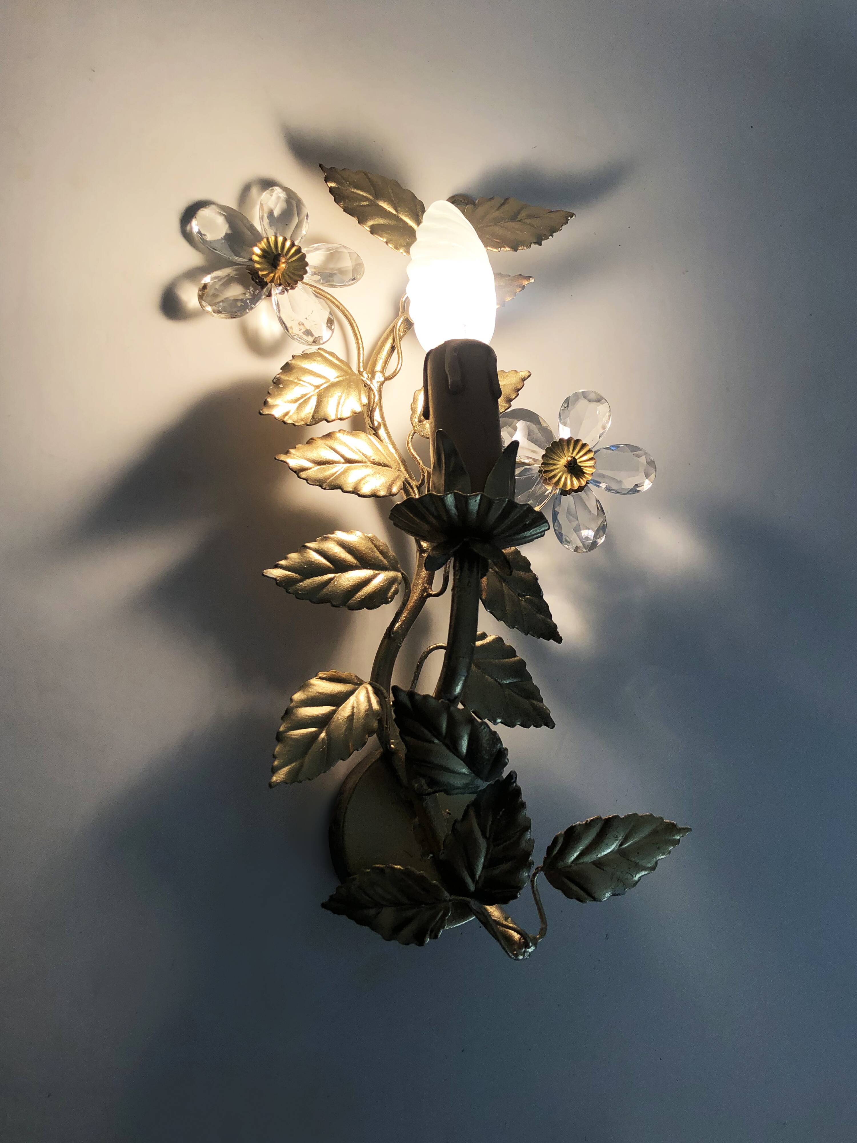 Vintage Italian gold wall sconce with glass flowers, 1970s