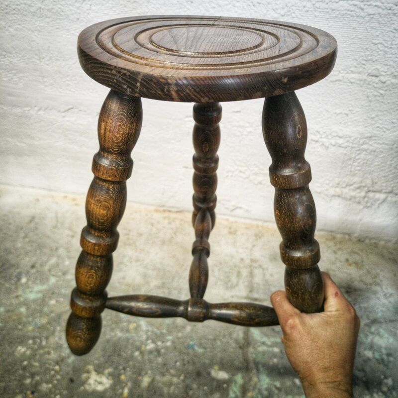 Turned wood tripod stool