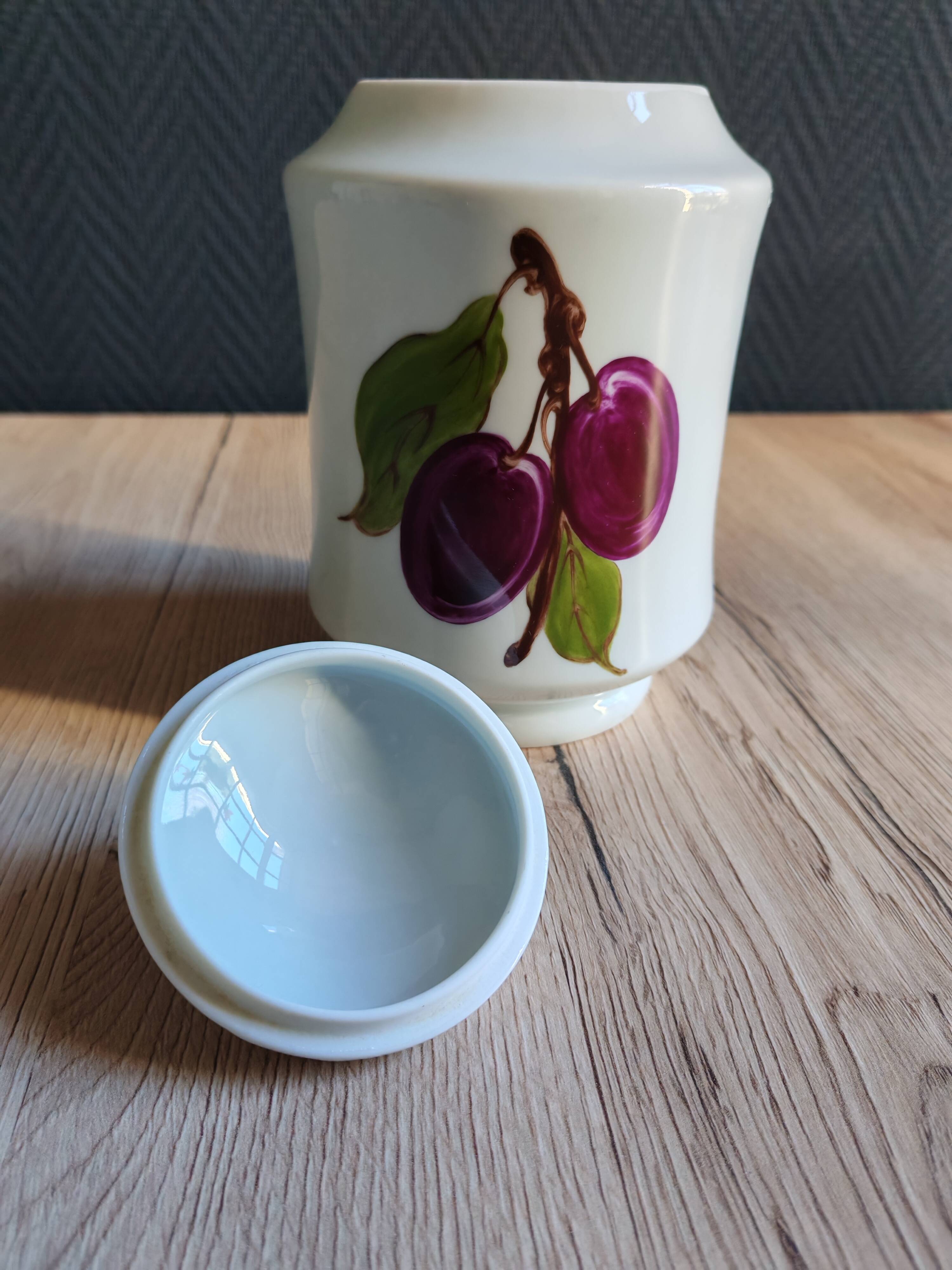 Porcelain jam pot with hand-painted plum design, signed sweet jar.