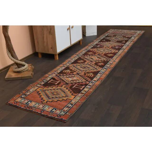 1970s Vintage Turkish Handmade Wool & Cotton Orange Runner Rug 80x356
