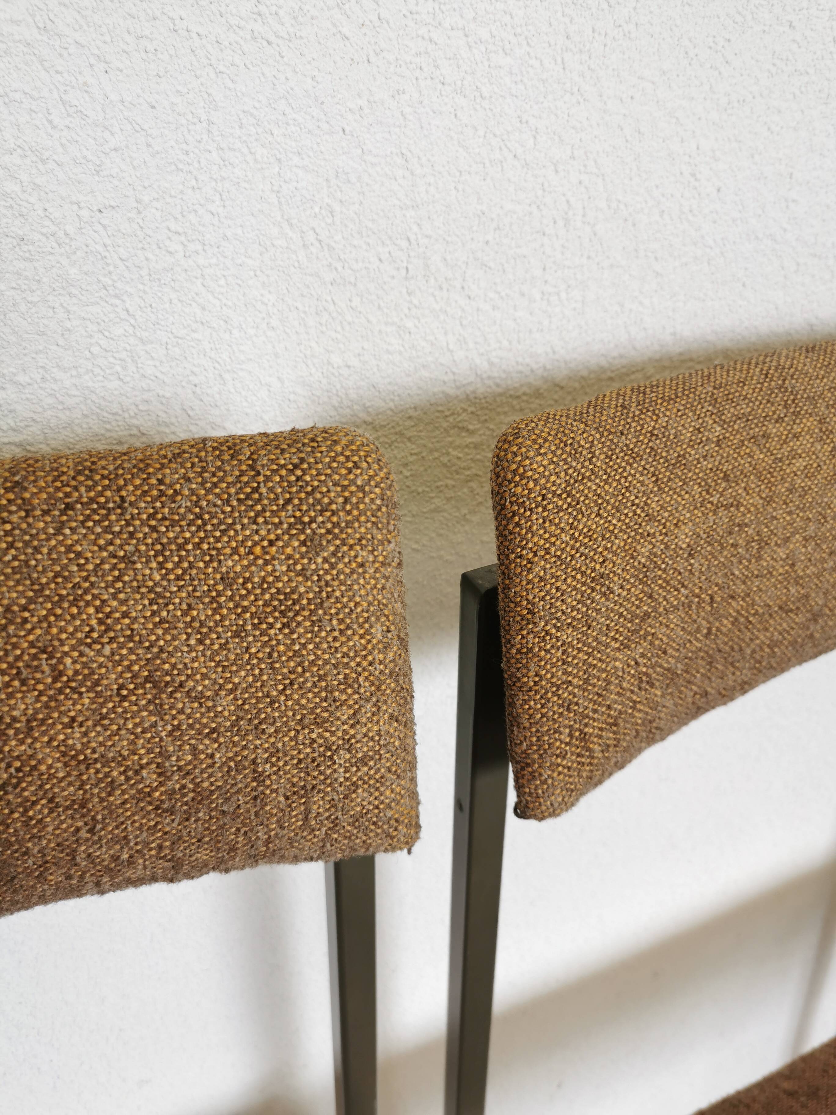 Set of 4 Vintage Industrial School Chairs: Brown Fabric, Black Metal Base