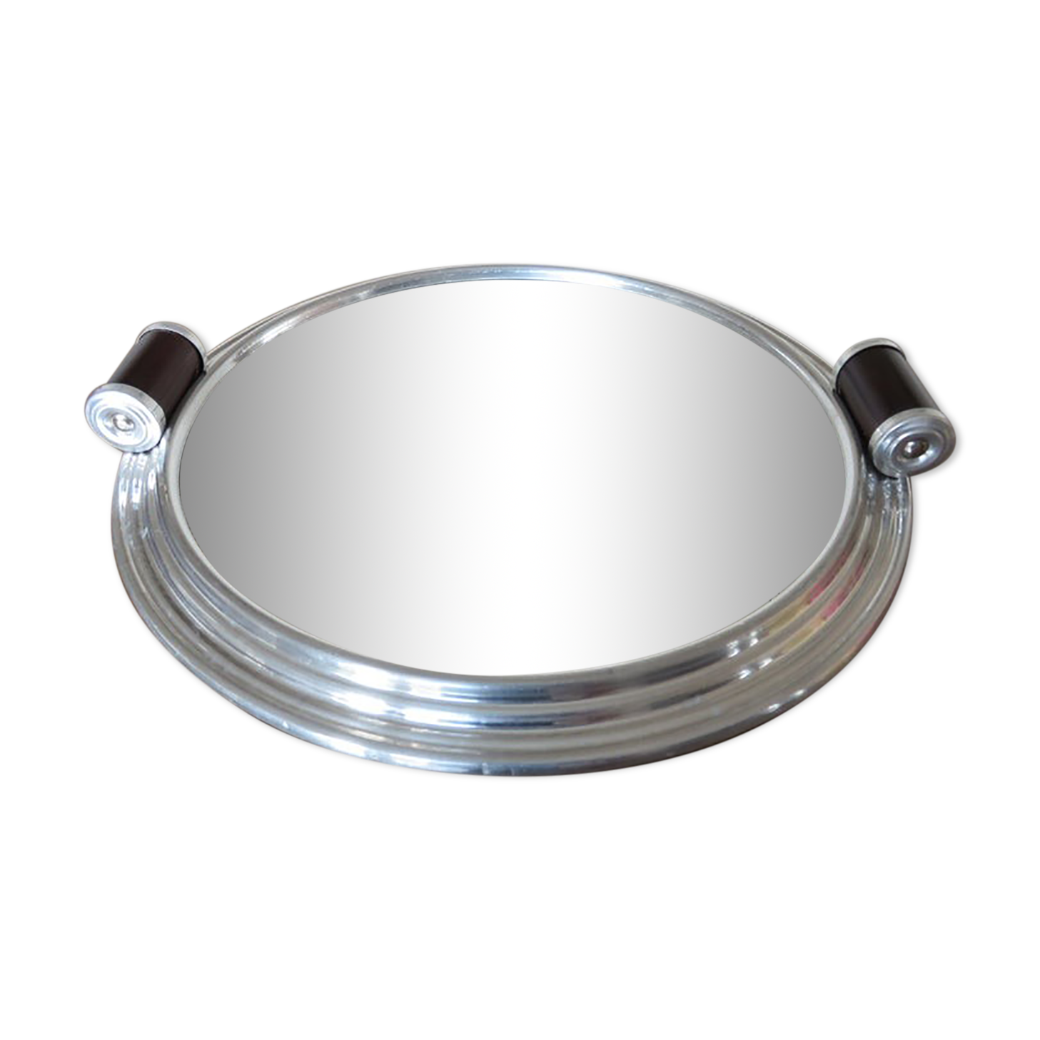 Plateau miroir rond en aluminium avec poignées en bois années 40 50