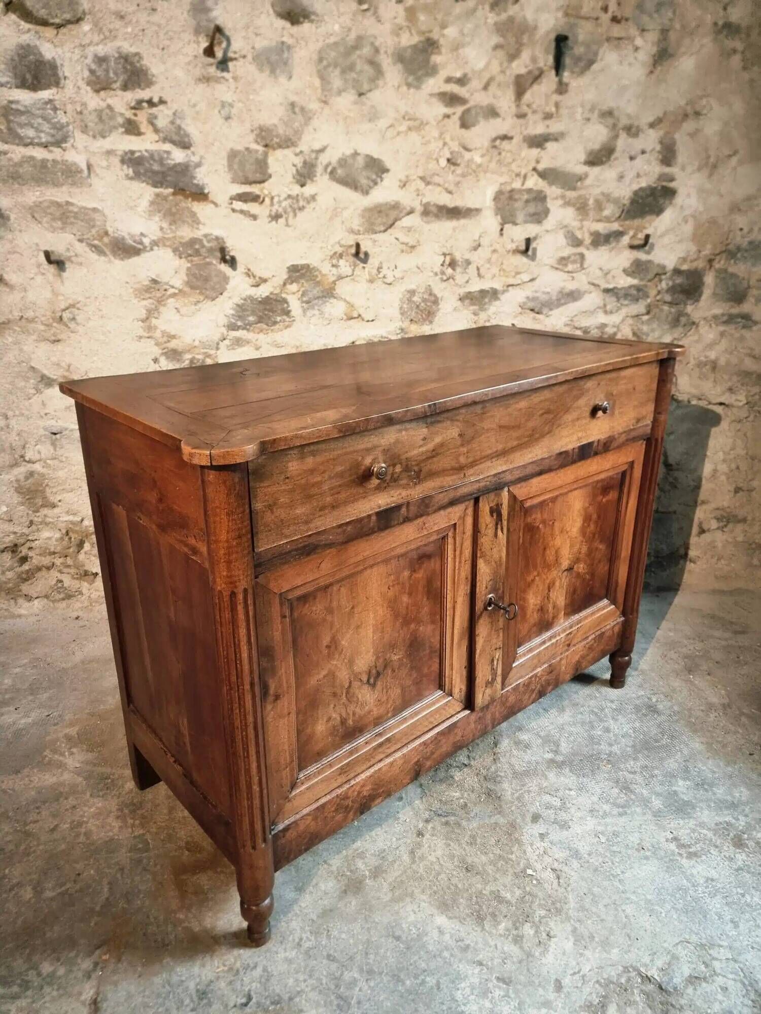 Antique French Walnut Sideboard - 19th Century Buffet with Drawer and Double Doors - Rustic Farmhouse Storage