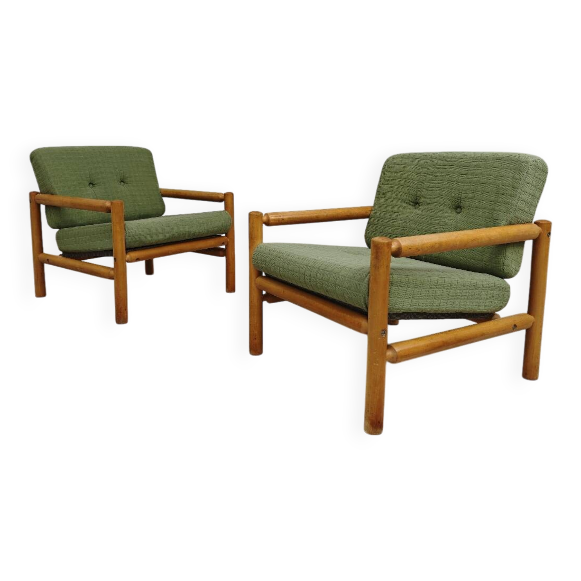 Pair of chalet style armchairs in green fabric