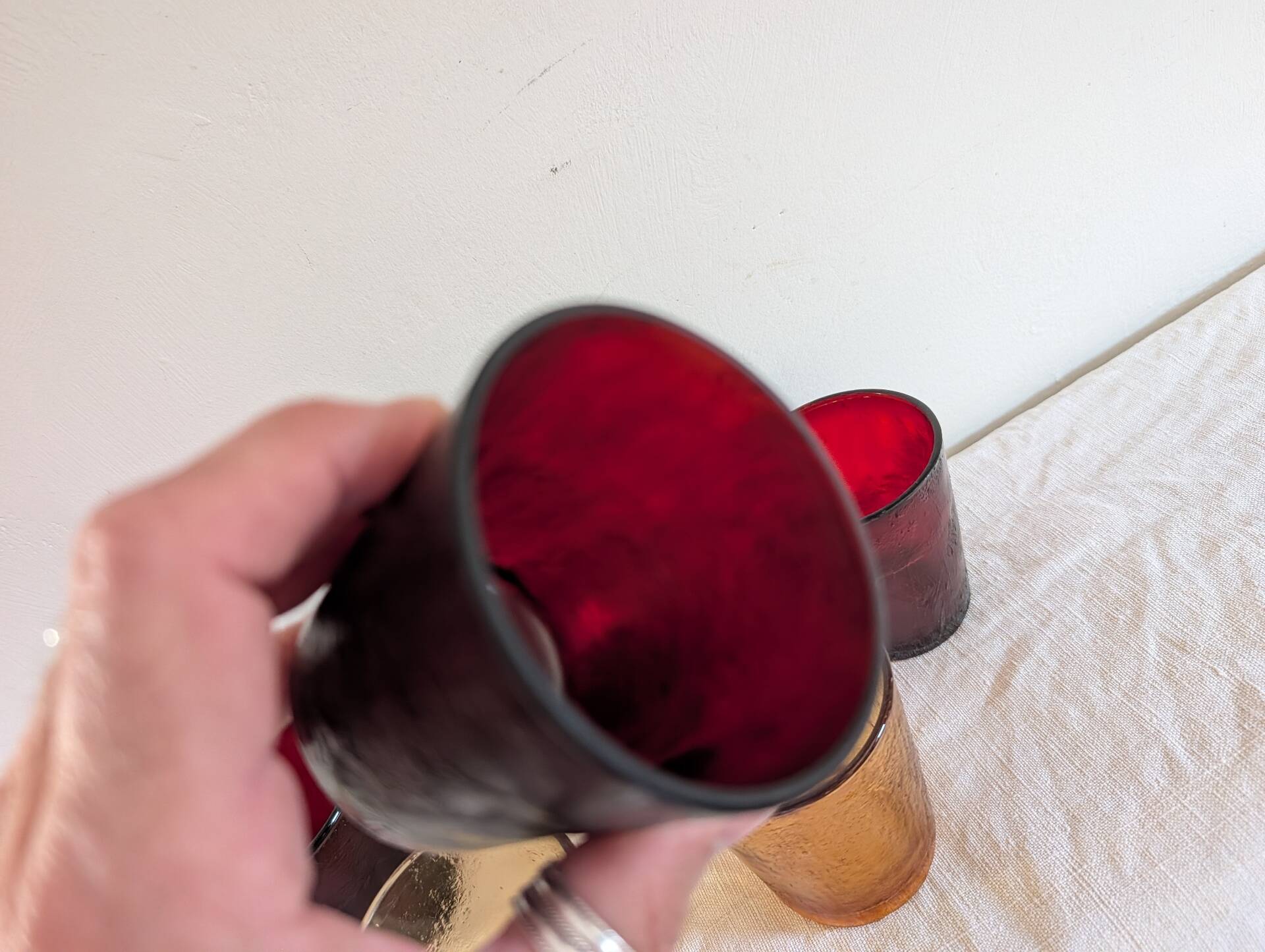 6 vintage glasses Lever France amber and ruby from the 1970s