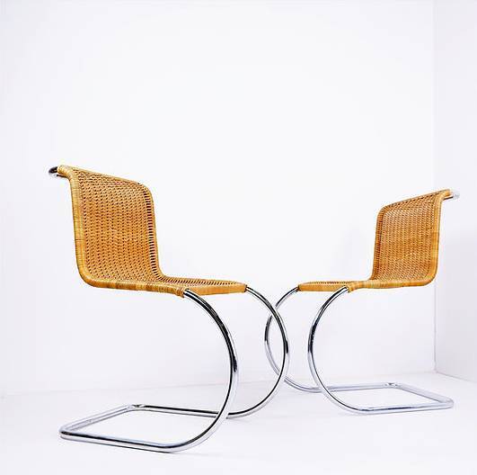 Pair of Cantilever chrome and Wicker Chairs Mies Van der Roye Style
