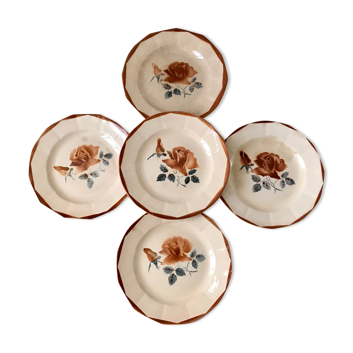 Set of 5 dessert plates Digoin Sarreguemines pink flowers 30-40s