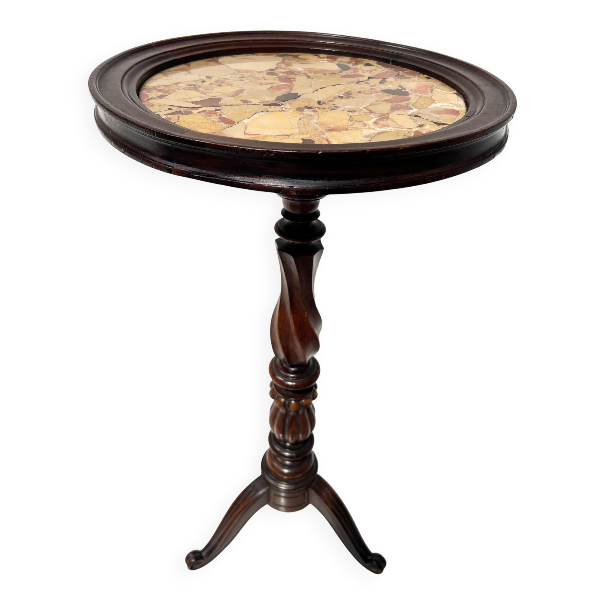 Napoleon III style gueridon in walnut and marble, 20th century.
