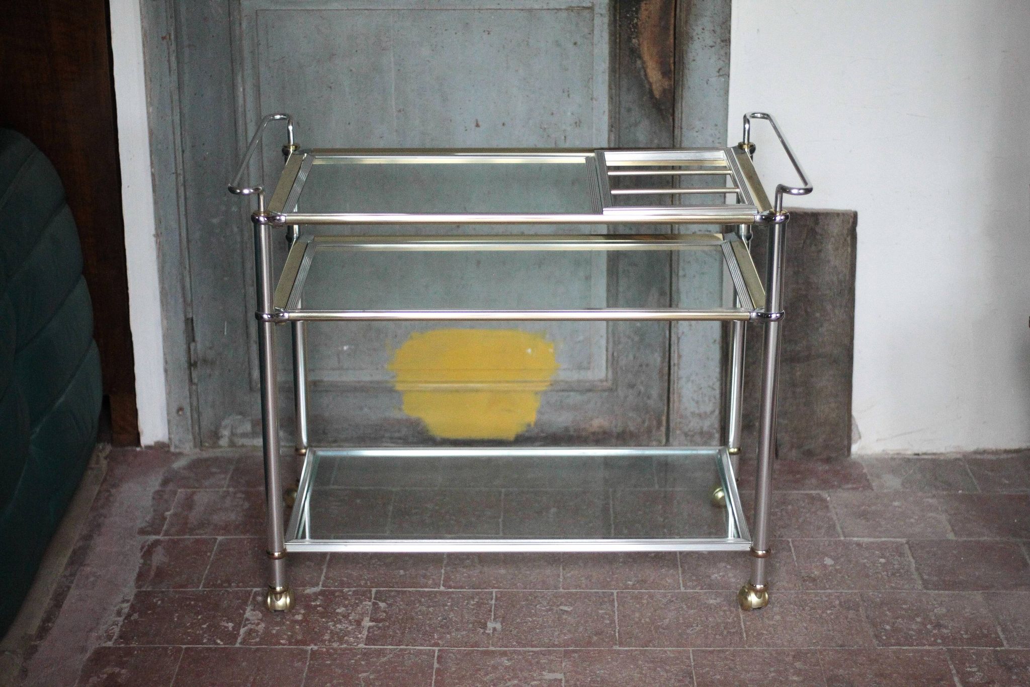 Vintage rolling dessert bar in gold metal and glass by Roche Bobois.