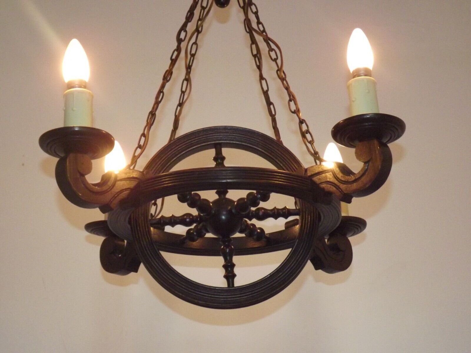 French vintage rustic 4 light wheel chandelier hand