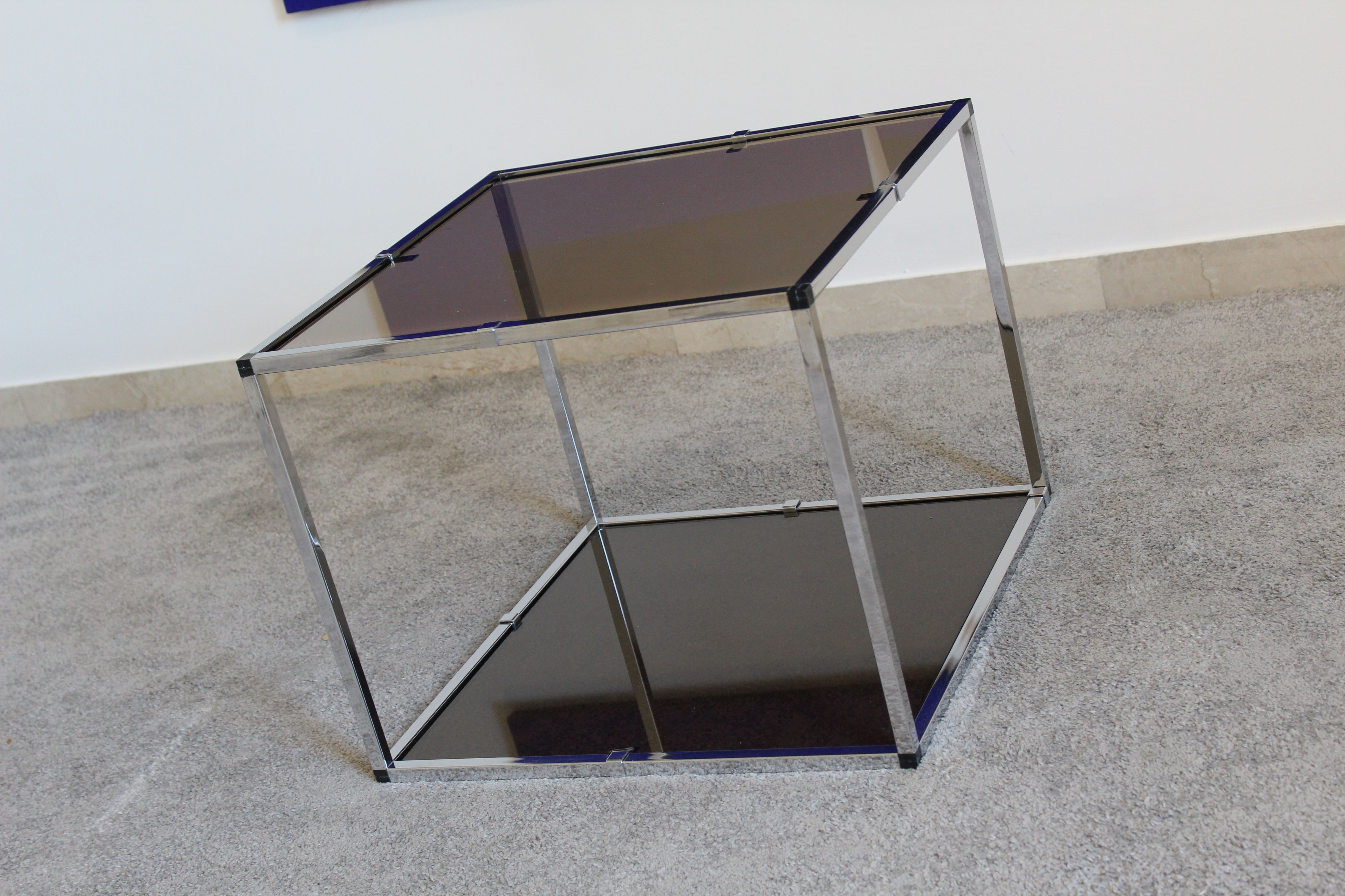 Pair of Coffee Tables in chromed metal and smoked glass, Italy 70's
