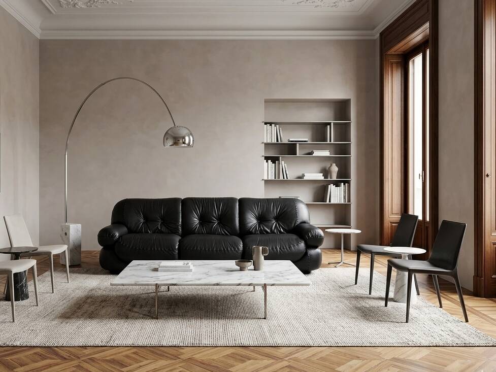 3-Seater black leather Sapporo sofa by Mobil Girgi 1970s