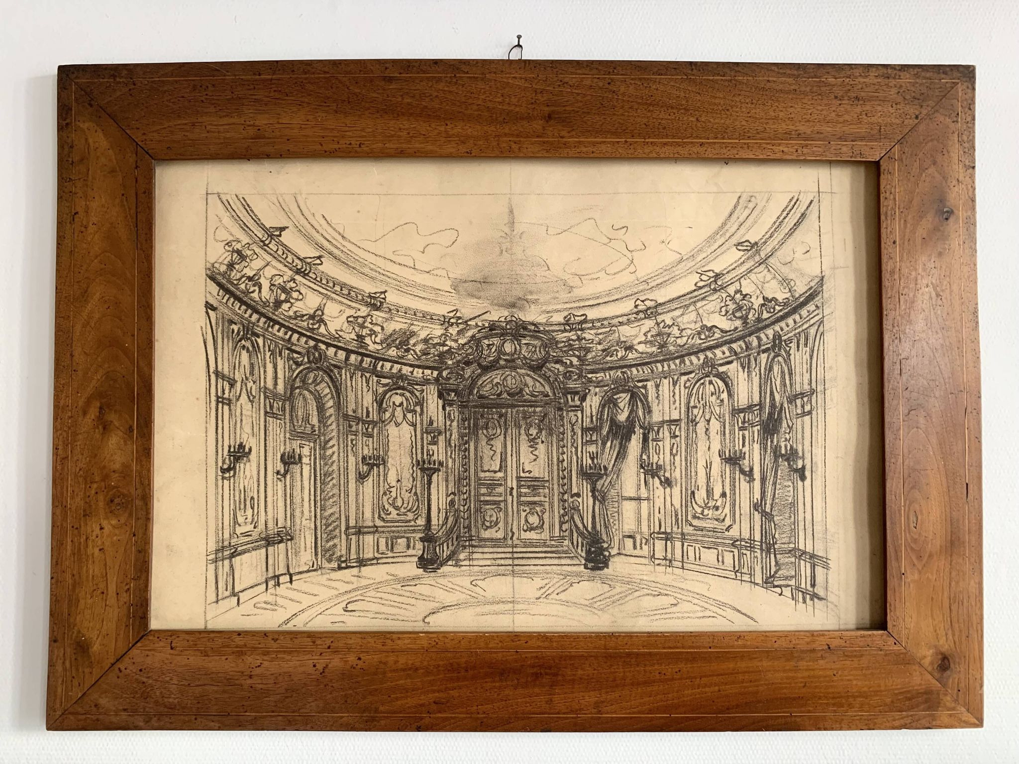 Salon parisien du 19e siècle, grand dessin original encadré