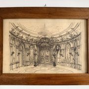 Salon parisien du 19e siècle, grand dessin original encadré