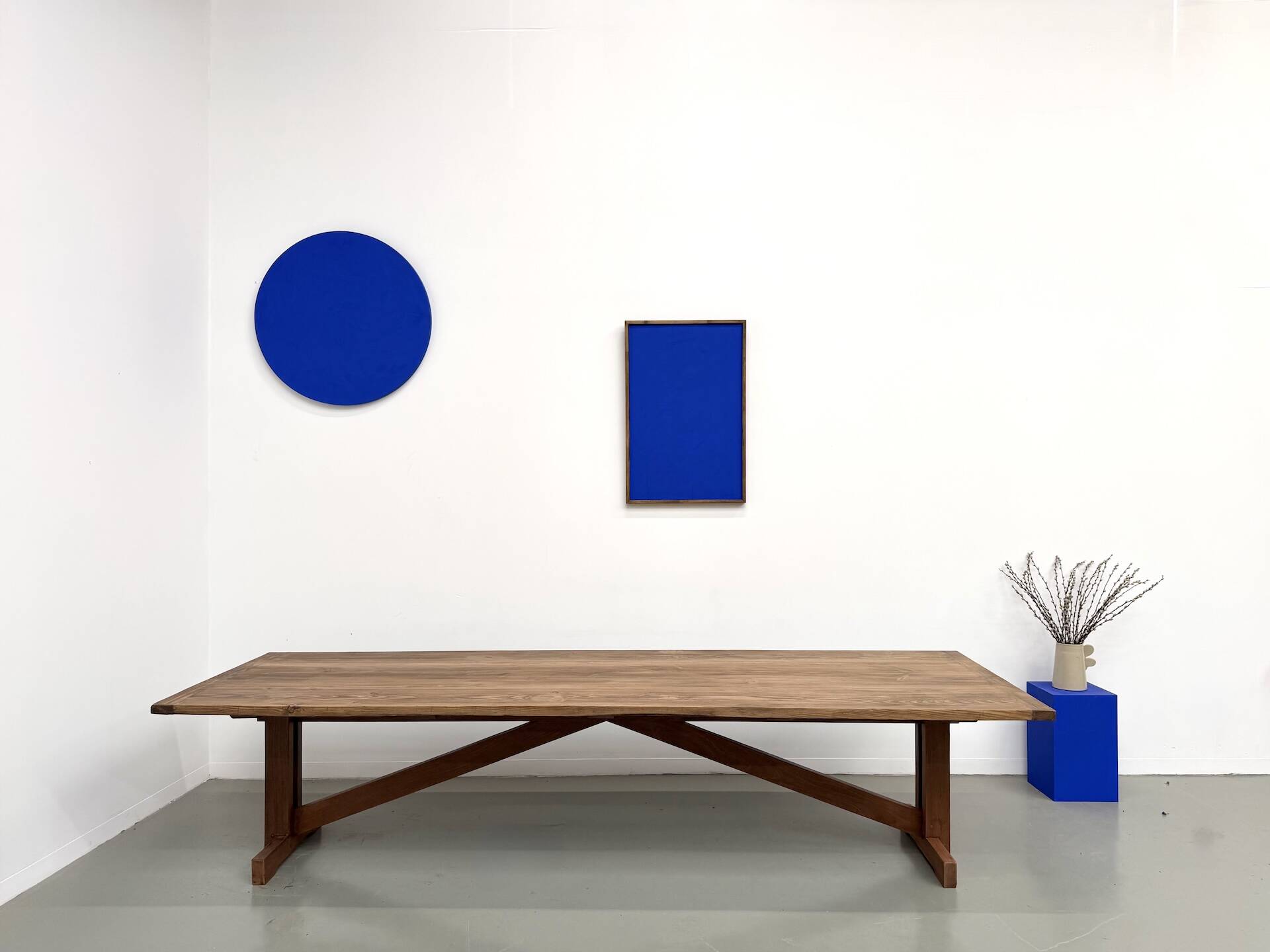 Large refectory table in solid pine and beech, with an X-shaped base.