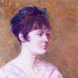 Huile sur toile - non signée - représente une femme assise à côté d'un vase de fleurs.