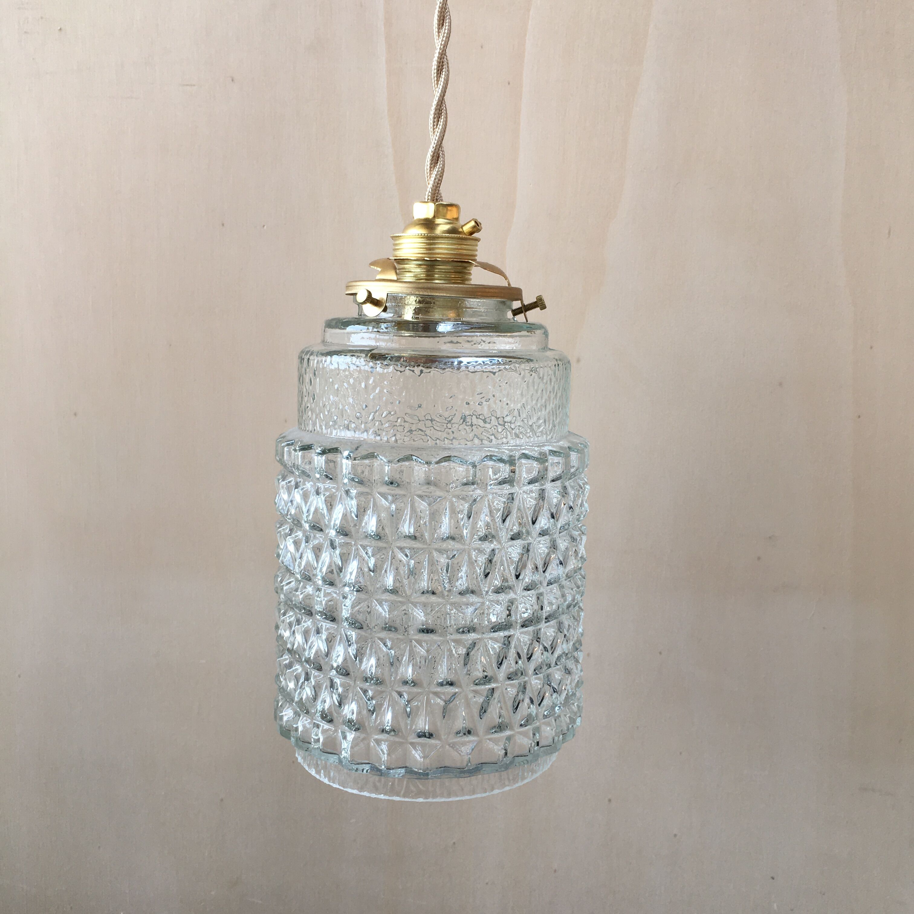 Pair of vintage molded pressed glass pendant lights