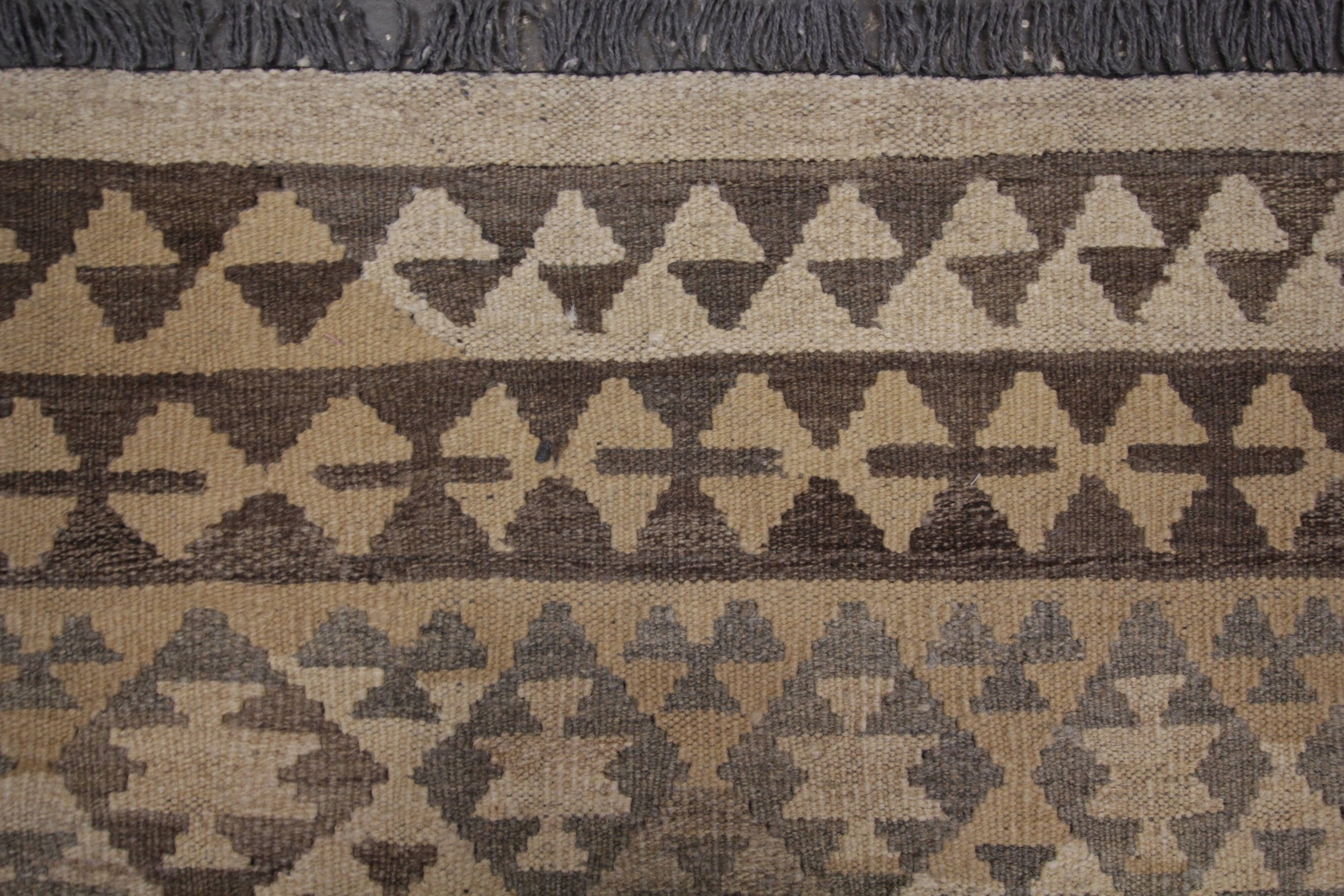 Brown & Khaki Geometric Kilim Rug, Handwoven Wool Carpet 302 x 239 cm
