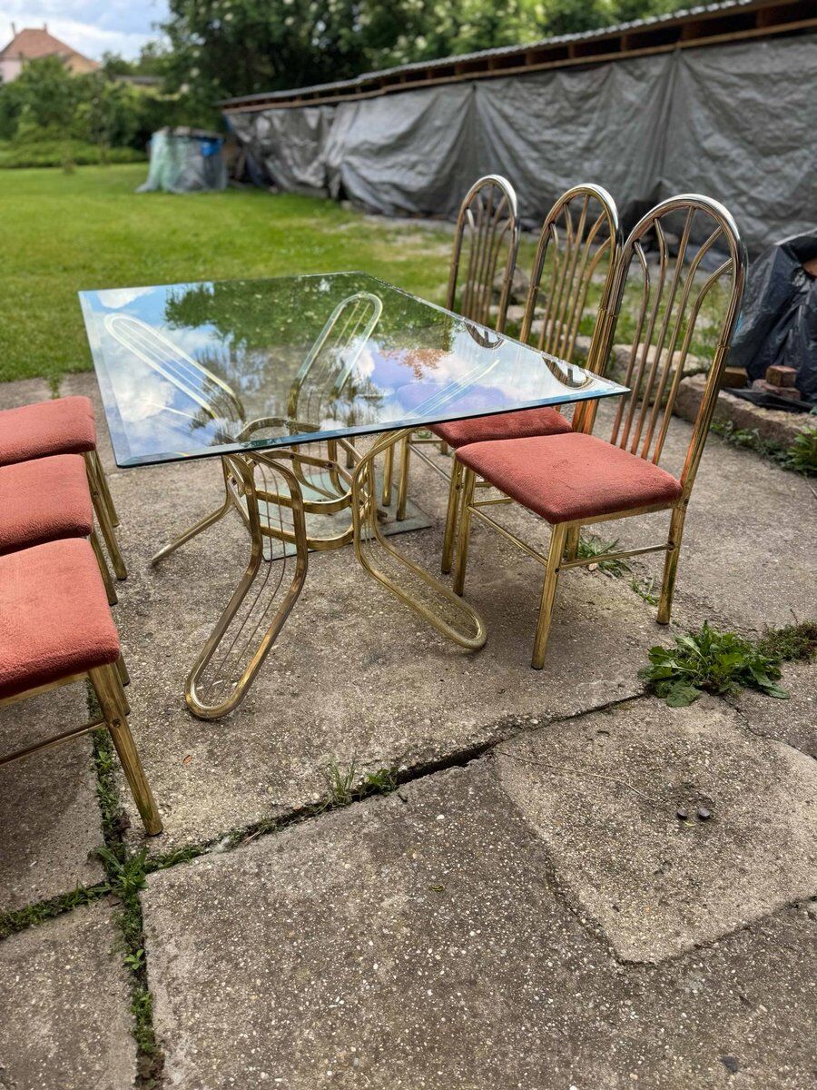Italian brass dining table and chairs, 1970s, set of 7