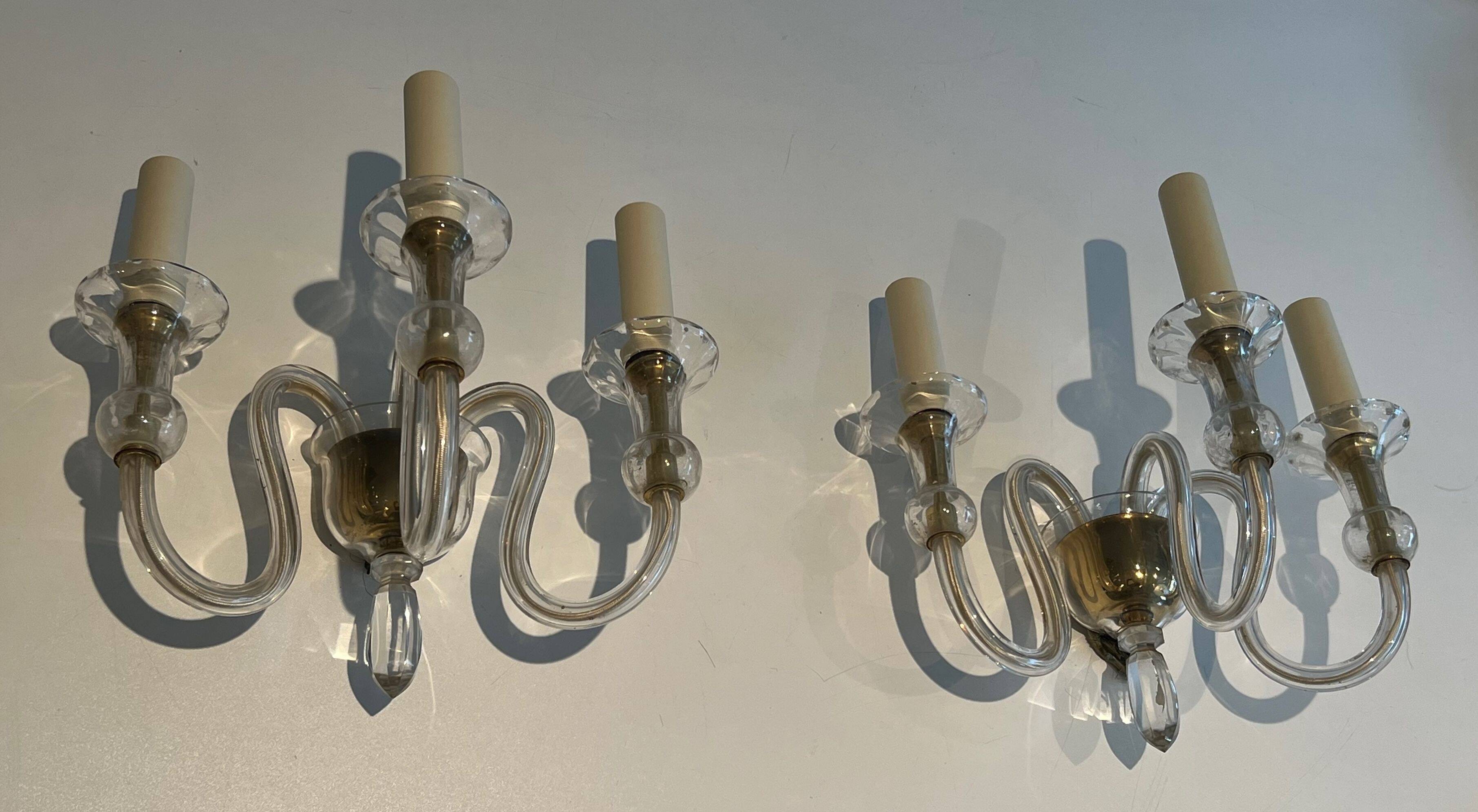 Pair of Murano crystal wall lights with 3 arms.