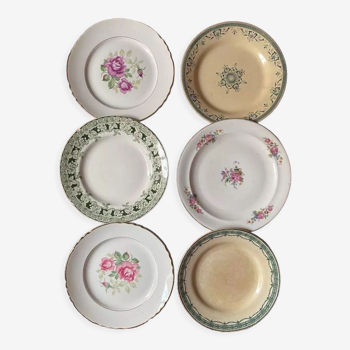 6 assiettes plates anciennes fleuries et assorties