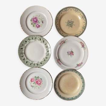 6 flat plates old floral assorted