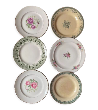 6 assiettes plates anciennes fleuries et assorties