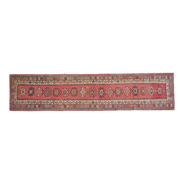 1970s Vintage Turkish Handmade Wool & Cotton Pink Runner Rug 82x359