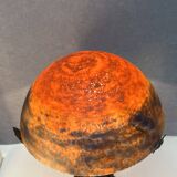Contemporary mushroom lamp, wrought iron base and shaded orange glass shell