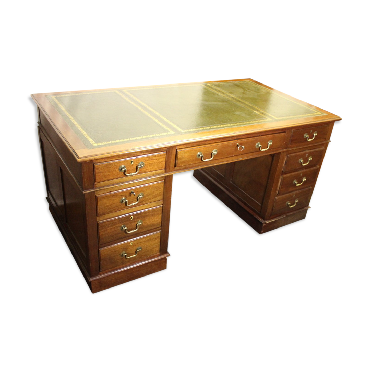 Solid mahogany pedestal desk with green leather inset ,