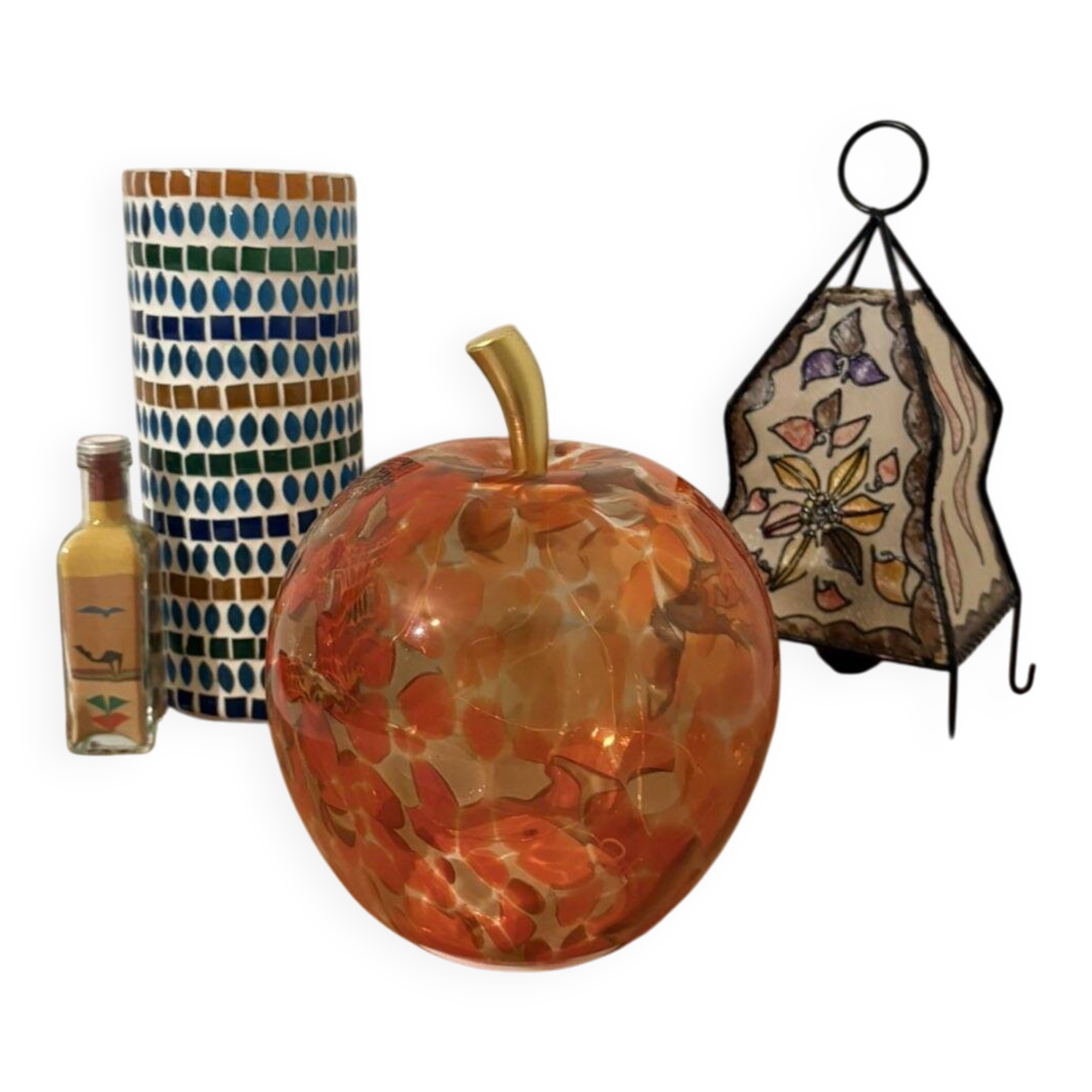 Lampe pomme en verre blanc, orange & rouge – vintage