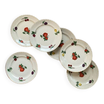 6 Amandinoise antique earthenware dessert plates with fruit decor