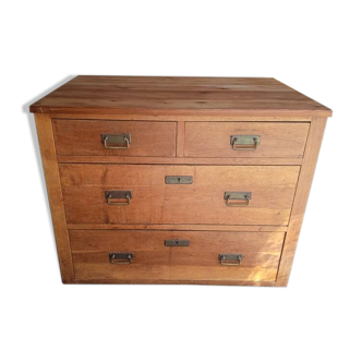 Chest of drawers in raw natural wood, oak and brass, 1940s