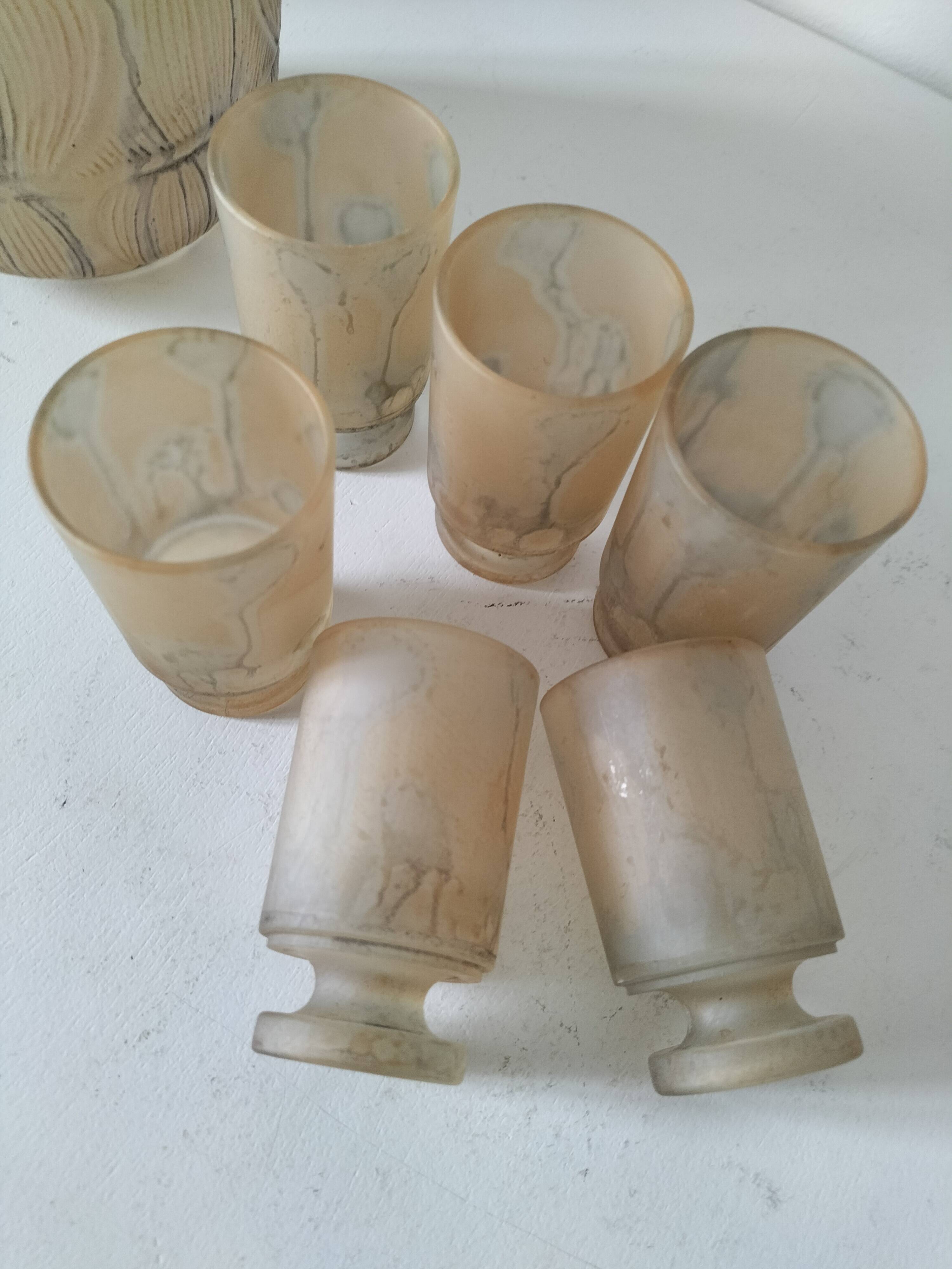 Frosted glass carafe and 6 stemmed glasses set