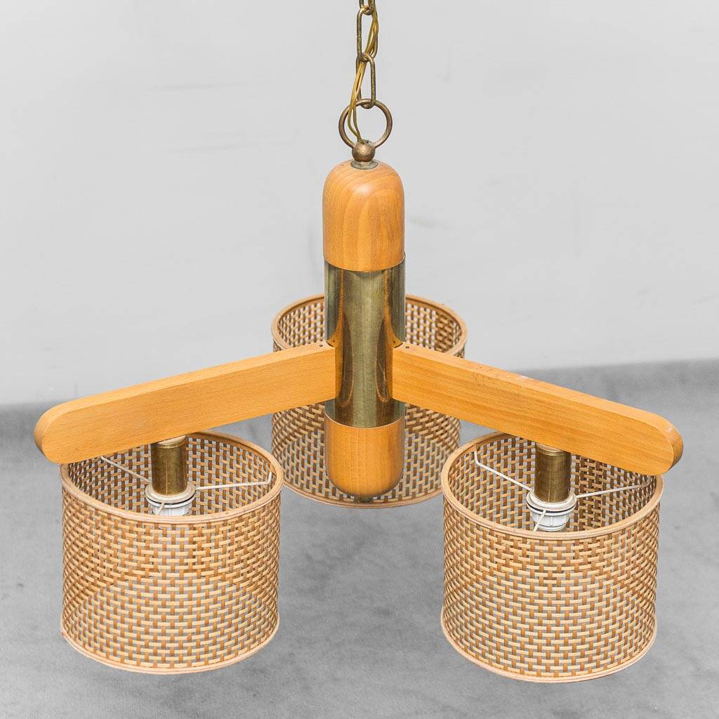 Rattan chandelier with 3 lights, 1970s vintage modernism