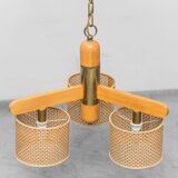 Rattan chandelier with 3 lights, 1970s vintage modernism